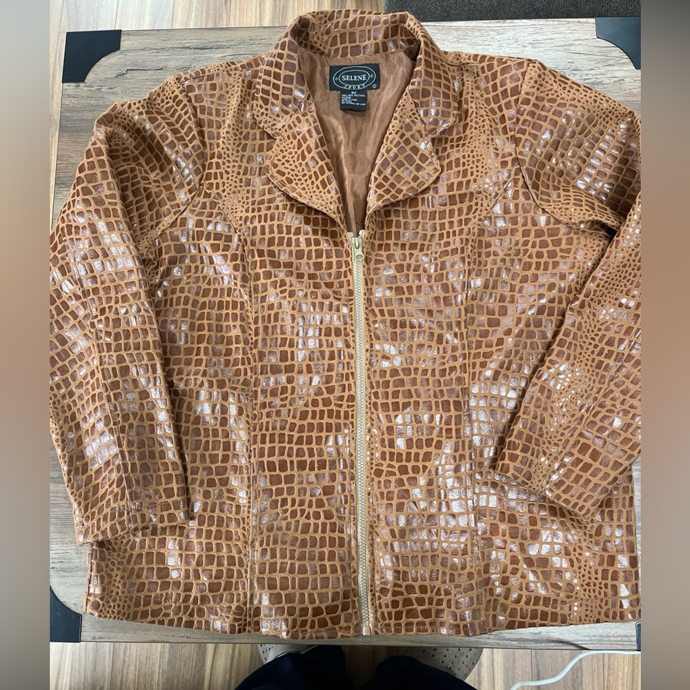 Selene Sport women's lined blazer jacket faux snake skin zip up size 16W Brown